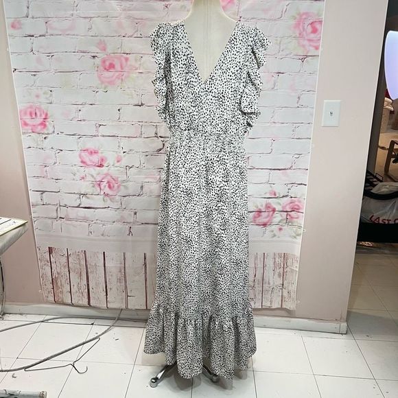 Express Women's V-neck Ruffled Trim High Slit Maxi Dress Black/White Size XL - Picture 6 of 10